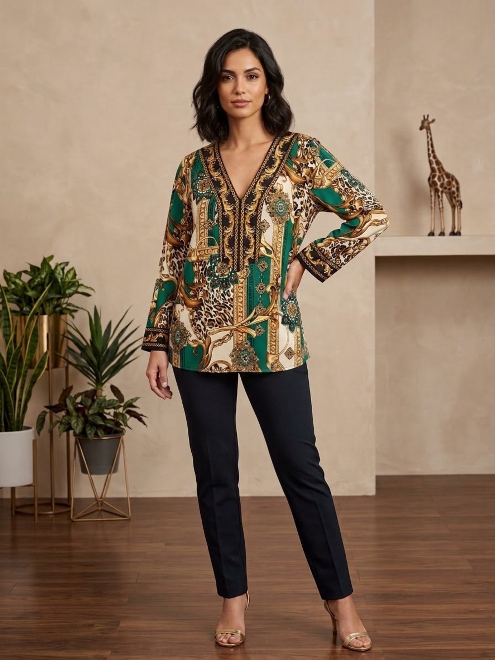 JM Collection V-Neck Printed Tunic Top in Green and Gold size XL